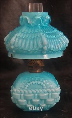 S 279 Basket Art Glass Blue Antique Miniature Oil Lamp Mint Fine Example