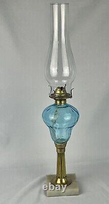 Sandwich Aquamarine Glass Banquet Whale Oil Kerosene Lamp Brass Marble