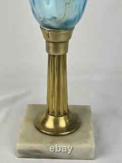 Sandwich Aquamarine Glass Banquet Whale Oil Kerosene Lamp Brass Marble