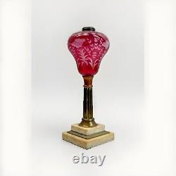 Sandwich Cut Clear Cranberry Glass Oil Lamp Marble & Brass 1870s victorian