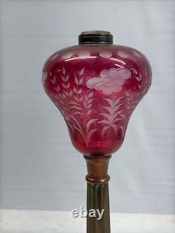 Sandwich Cut Clear Cranberry Glass Oil Lamp Marble & Brass 1870s victorian
