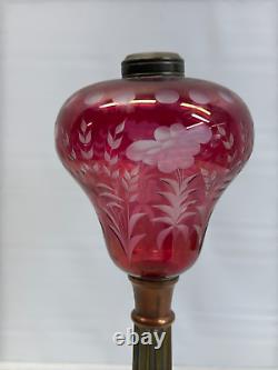 Sandwich Cut Clear Cranberry Glass Oil Lamp Marble & Brass 1870s victorian