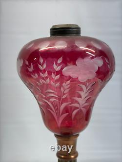 Sandwich Cut Clear Cranberry Glass Oil Lamp Marble & Brass 1870s victorian