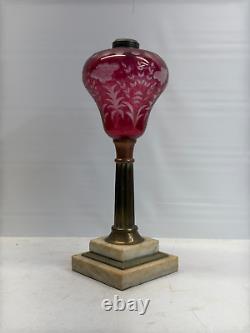 Sandwich Cut Clear Cranberry Glass Oil Lamp Marble & Brass 1870s victorian
