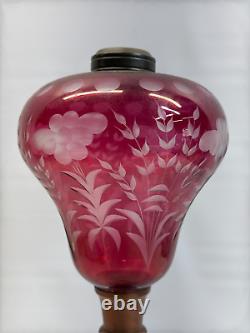 Sandwich Cut Clear Cranberry Glass Oil Lamp Marble & Brass 1870s victorian