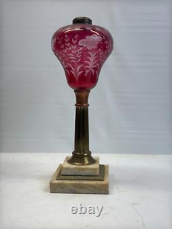 Sandwich Cut Clear Cranberry Glass Oil Lamp Marble & Brass 1870s victorian