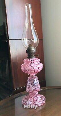 Scarce Blown Antique Pink Cranberry Opalescent Snowstorm Glass Kerosene Oil Lamp