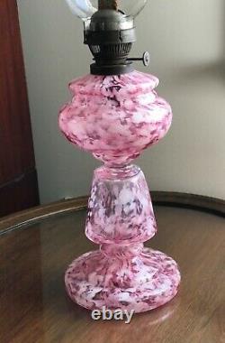 Scarce Blown Antique Pink Cranberry Opalescent Snowstorm Glass Kerosene Oil Lamp