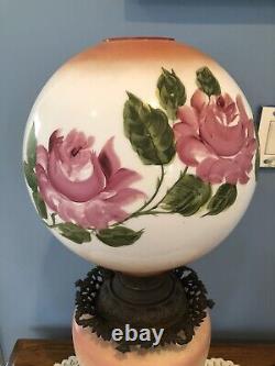 Sensational Antique Rose Floral Electrified Gone with the Wind Oil Lamp