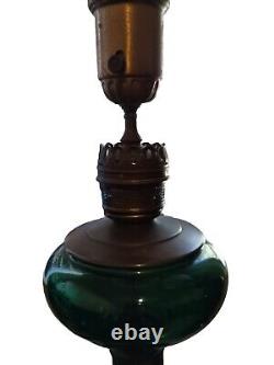 Setof 2 Antique 1920 Tall Emerald Green Blown Glass Electric Oil Lamp With Brass