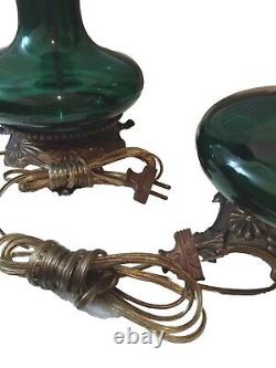 Setof 2 Antique 1920 Tall Emerald Green Blown Glass Electric Oil Lamp With Brass