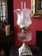 Shabby Chic, Victorian Oil Lamp, Cast Base, Clear Glass Font, Pink Etched Shade