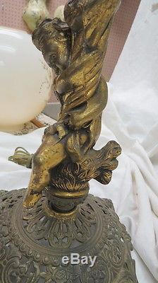 Signed Bradley & Hubbard converted figural banquet oil lamp / 23 tall nude boy
