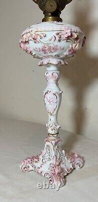 Small antique ornate handmade pink white Rudolstadt porcelain cherub oil lamp