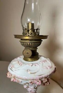 Small antique ornate handmade pink white Rudolstadt porcelain cherub oil lamp