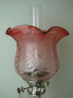 Solid Silver 1901 Mappin & Webb / Hinks Oil Lamp Cut Glass Font, Cranberry Shade