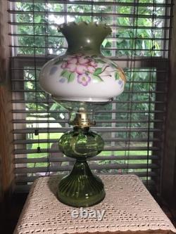 Stunning 20 Green Melon Heavy Oil Lamp With Illuminator And Hand Painted Shade