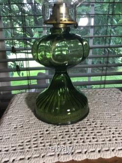 Stunning 20 Green Melon Heavy Oil Lamp With Illuminator And Hand Painted Shade