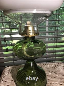 Stunning 20 Green Melon Heavy Oil Lamp With Illuminator And Hand Painted Shade