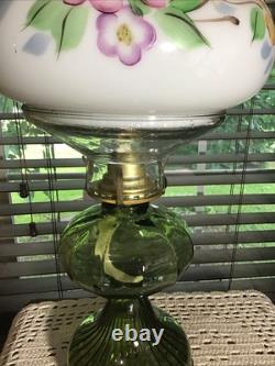 Stunning 20 Green Melon Heavy Oil Lamp With Illuminator And Hand Painted Shade