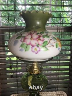 Stunning 20 Green Melon Heavy Oil Lamp With Illuminator And Hand Painted Shade