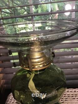 Stunning 20 Green Melon Heavy Oil Lamp With Illuminator And Hand Painted Shade