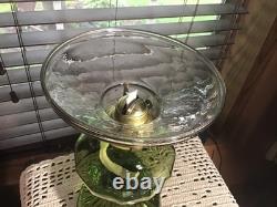 Stunning 20 Green Melon Heavy Oil Lamp With Illuminator And Hand Painted Shade