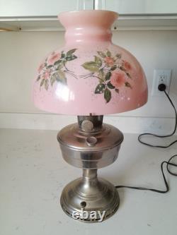 Stunning 3 Pc Antique Aladdin Model 12 Electrified Oil Lamp WithPink Glass Shade