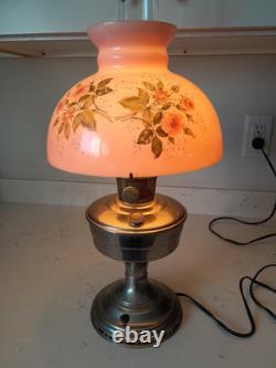Stunning 3 Pc Antique Aladdin Model 12 Electrified Oil Lamp WithPink Glass Shade
