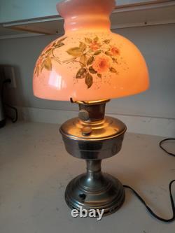 Stunning 3 Pc Antique Aladdin Model 12 Electrified Oil Lamp WithPink Glass Shade