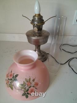 Stunning 3 Pc Antique Aladdin Model 12 Electrified Oil Lamp WithPink Glass Shade