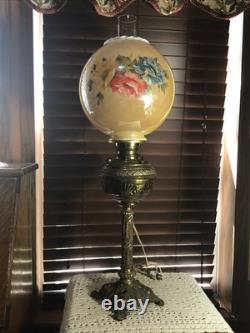 Stunning Antique 29 Brass Electrified Banquet Table Oil Lamp Electrified