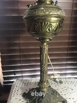 Stunning Antique 29 Brass Electrified Banquet Table Oil Lamp Electrified