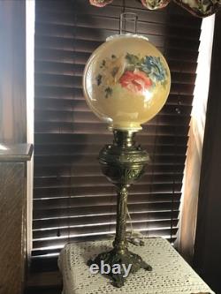 Stunning Antique 29 Brass Electrified Banquet Table Oil Lamp Electrified