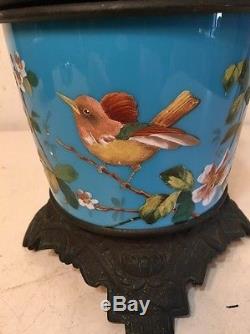 Stunning Antique Aesthetic Movement Oil Lamp Base With Hand Painted Bird Flowers