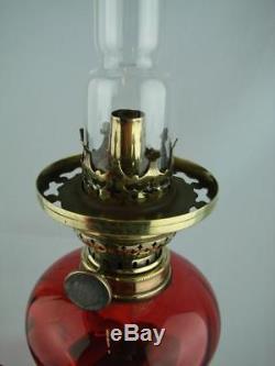 Stunning Antique Candlestick Peg Lamp / Oil Lamp, Cranberry Glass Shade & Font