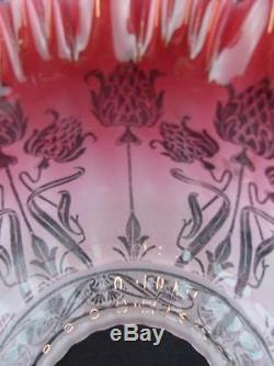 Stunning Antique Cranberry Glass Oil Lamp Shade Etched & Art Nouveau Decoration