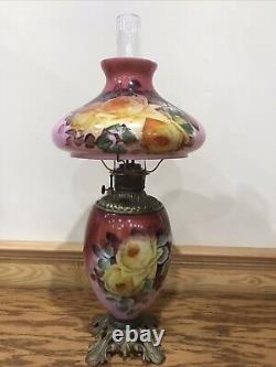 Stunning Antique Fostoria Glass Banquet Parlor Oil Lamp Yellow Cabbage Roses