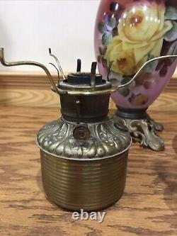 Stunning Antique Fostoria Glass Banquet Parlor Oil Lamp Yellow Cabbage Roses