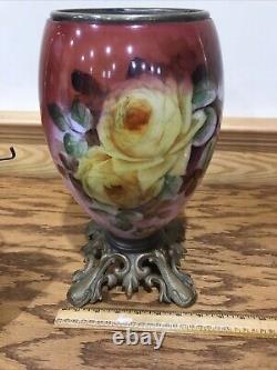 Stunning Antique Fostoria Glass Banquet Parlor Oil Lamp Yellow Cabbage Roses