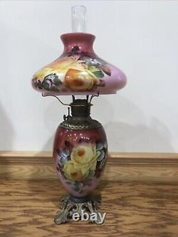 Stunning Antique Fostoria Glass Banquet Parlor Oil Lamp Yellow Cabbage Roses