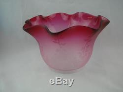 Stunning Antique Graduated Cranberry Satin Glass Etched Oil Lamp Shade 4 Fitter