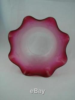 Stunning Antique Graduated Cranberry Satin Glass Etched Oil Lamp Shade 4 Fitter