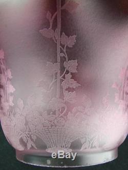 Stunning Antique Graduated Cranberry Satin Glass Etched Oil Lamp Shade 4 Fitter