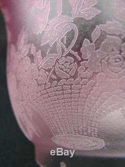 Stunning Antique Graduated Cranberry Satin Glass Etched Oil Lamp Shade 4 Fitter