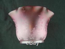 Stunning Antique Graduated Cranberry Satin Glass Etched Oil Lamp Shade 4 Fitter