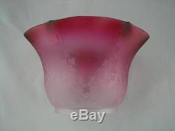 Stunning Antique Graduated Cranberry Satin Glass Etched Oil Lamp Shade 4 Fitter