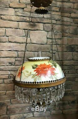 Stunning Antique Hanging Oil Lamp With Orange Chrysanthemums and Crystals