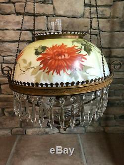 Stunning Antique Hanging Oil Lamp With Orange Chrysanthemums and Crystals