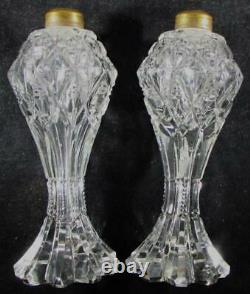 Stunning Antique Pair of Heavy Brilliant Clear Optic Glass Petite Oil Lamps